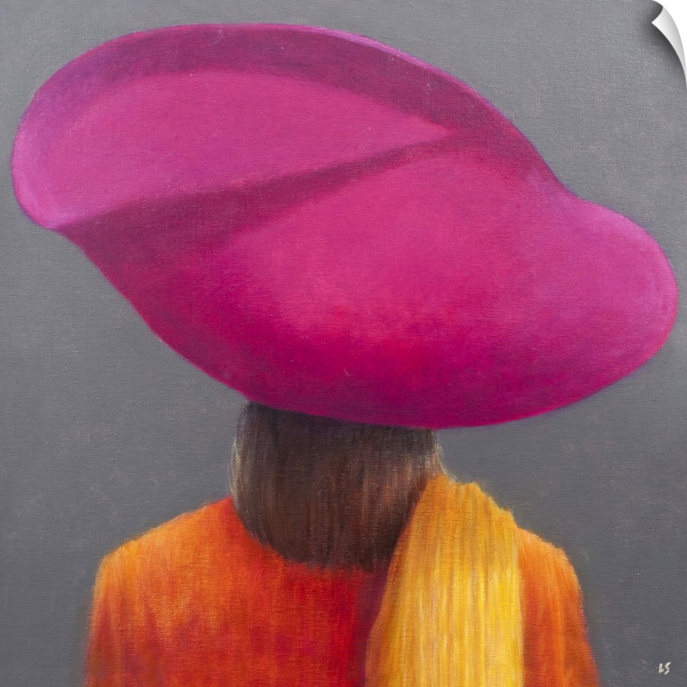 Contemporary painting of a rear view of a women wearing a large pink hat.