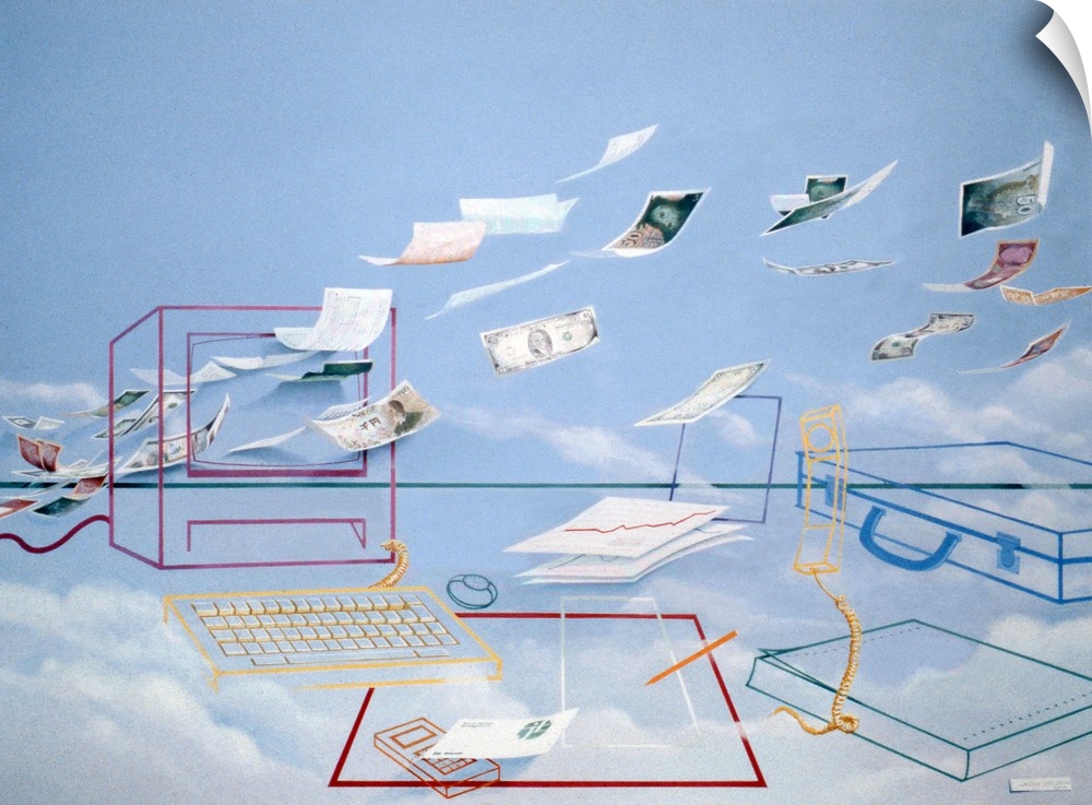 Abstract contemporary painting of images and papers flying through wire structures of electronics.