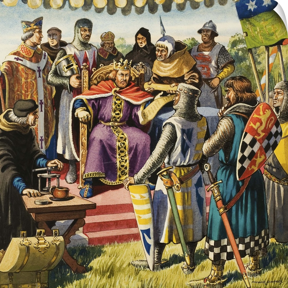 The barons meet King John at Runnymede and present him with Magna Carta. Original artwork for illustration on p17 of Treas...