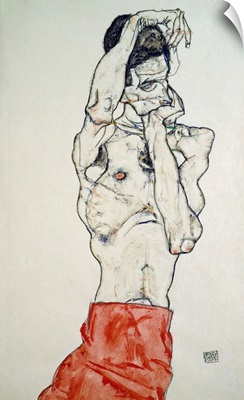 Male Nude With Red Sheet (Self-Portrait), Drawing By Egon Schiele