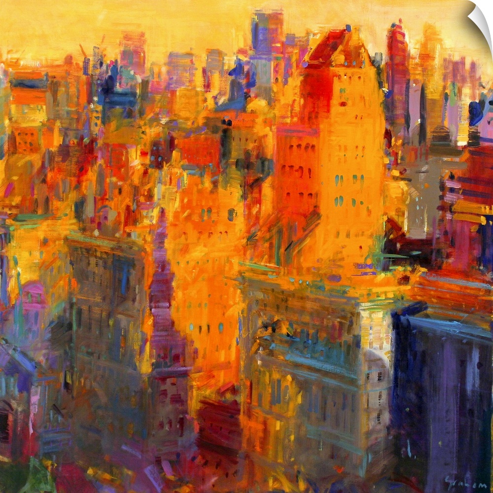Square contemporary abstract painting of buildings in NYC made up of large brush strokes.