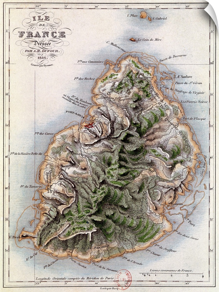 Map of Mauritius, illustration from Paul et Virginie by Henri Bernardin de Saint-Pierr