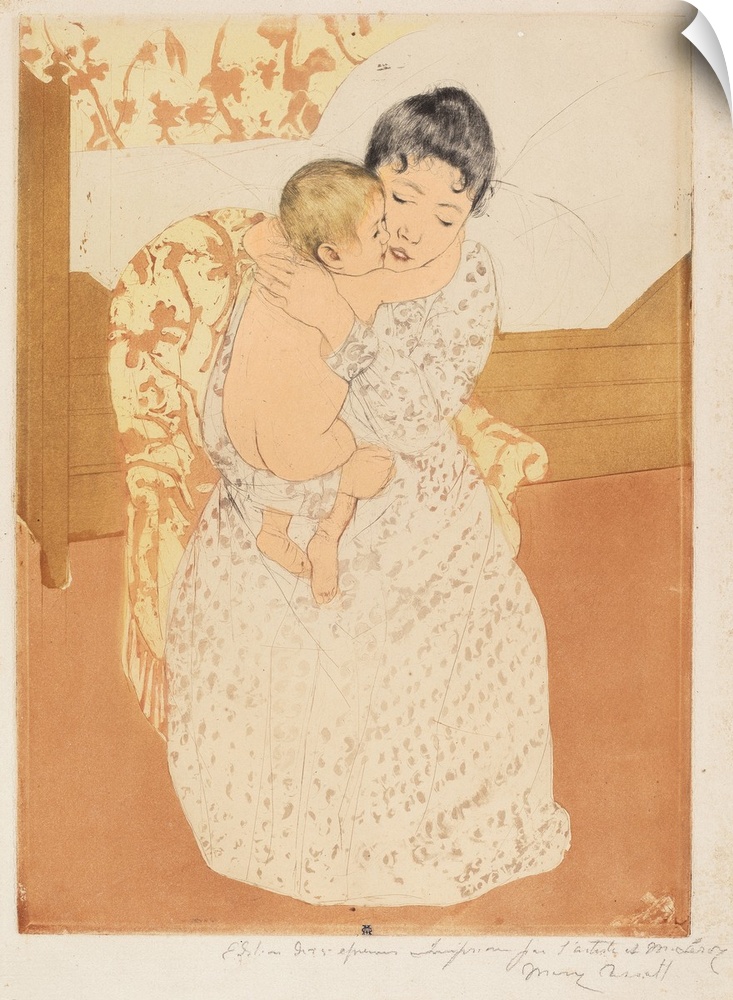 Maternal Caress, 1890-1, colur drypoint and aquatint on cream laid paper.  By Mary Cassatt (1844-1926).