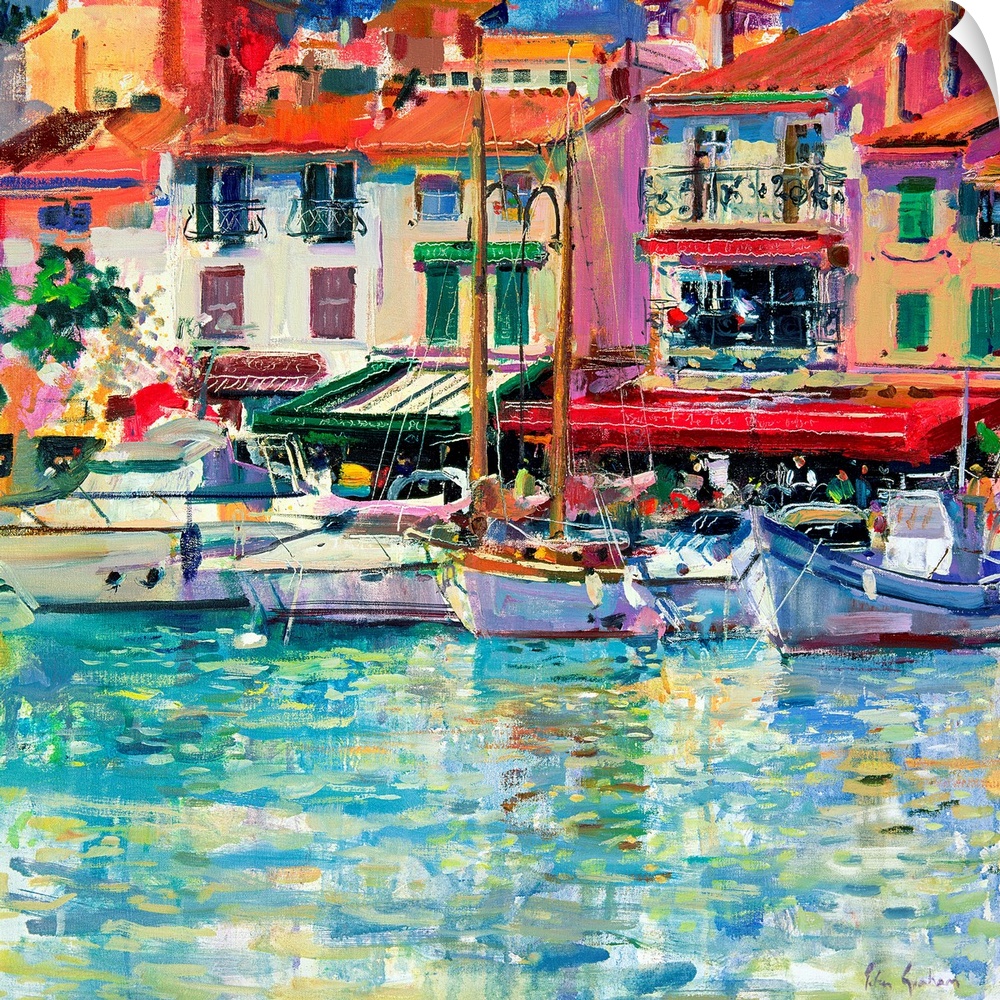 Large, square painting of a Mediterranean port, with several sail boats in front of a line of colorful buildings in the ba...