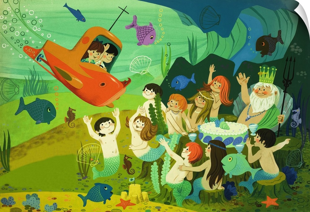 Modern fairy tale: submarine and mermaids. Original artwork.