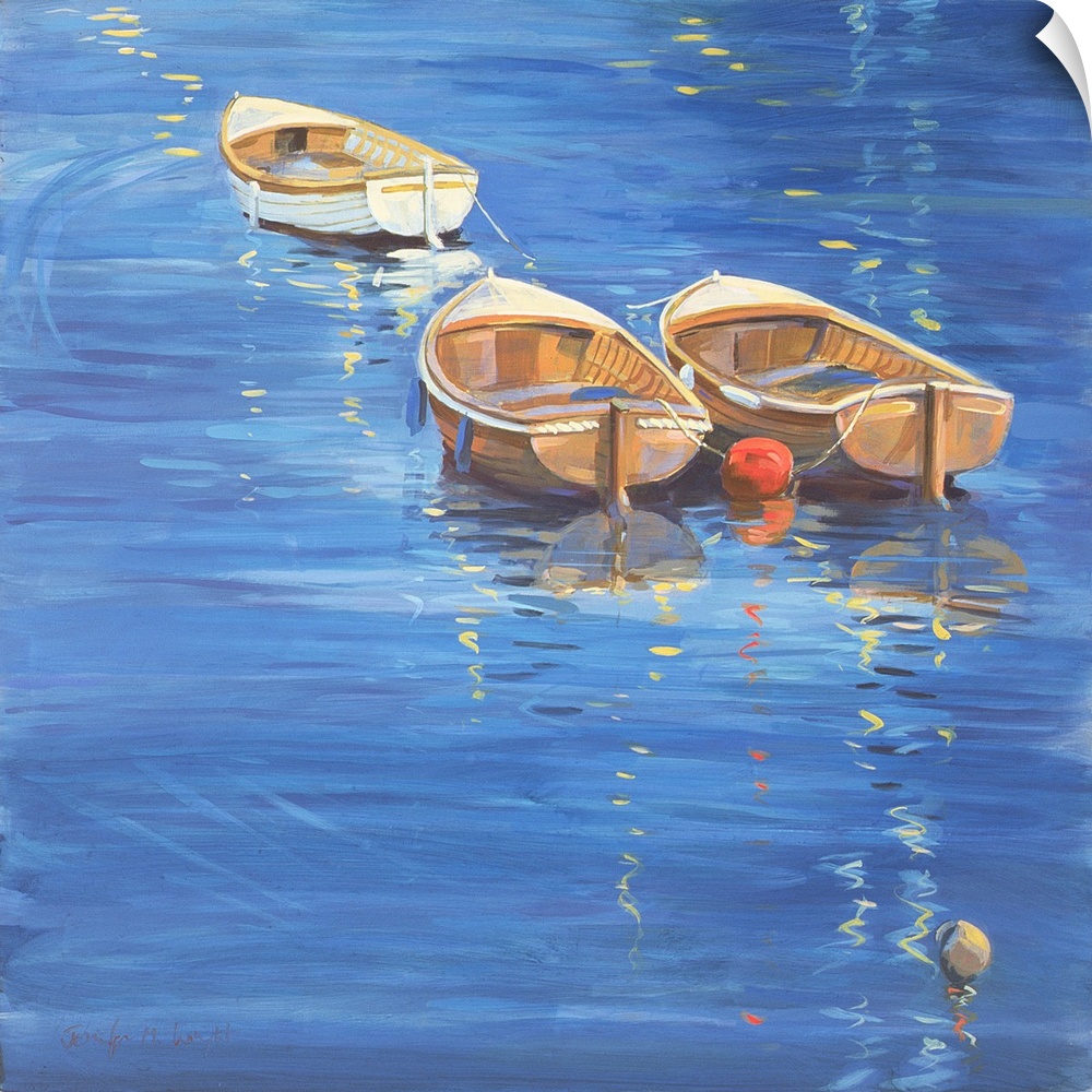 Contemporary painting of small boats on the water off the English coast.