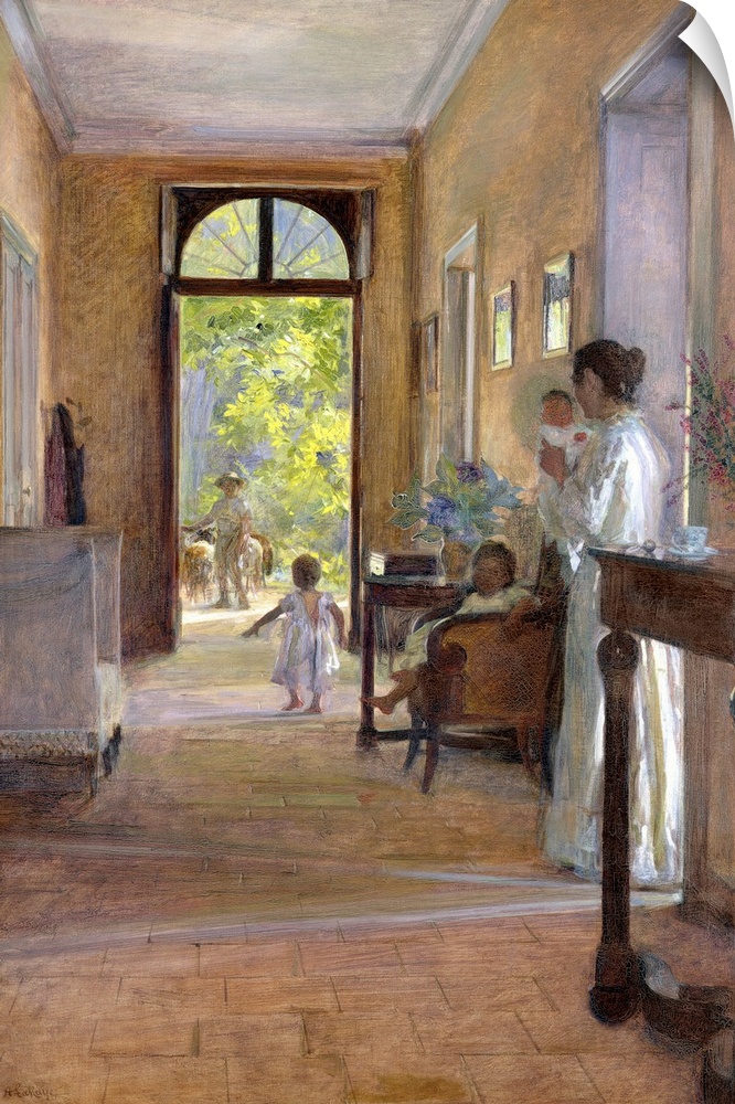 This this 19th century painting shows an idyllic family scene of an open hallway in a family home full over children.