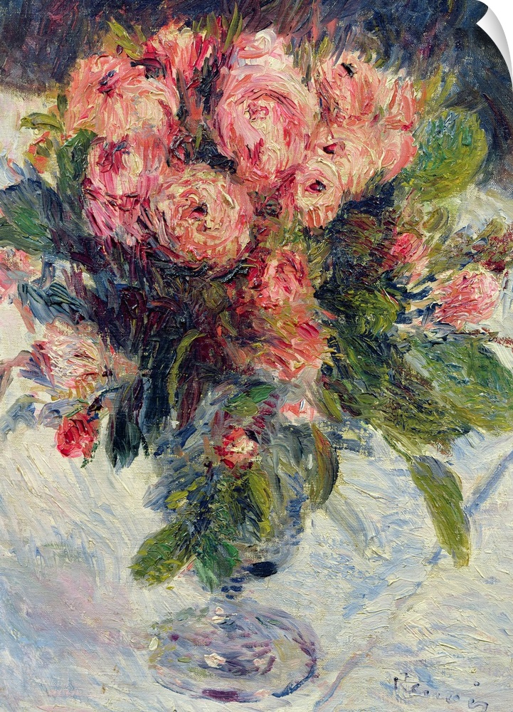 Traditional painting of pastel colored flower bouquet in vase that is sitting on table.