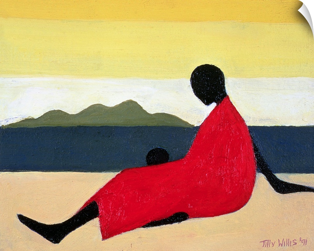This contemporary geometric painting shows a stylized woman sitting on a beach with her child in this African-American art...