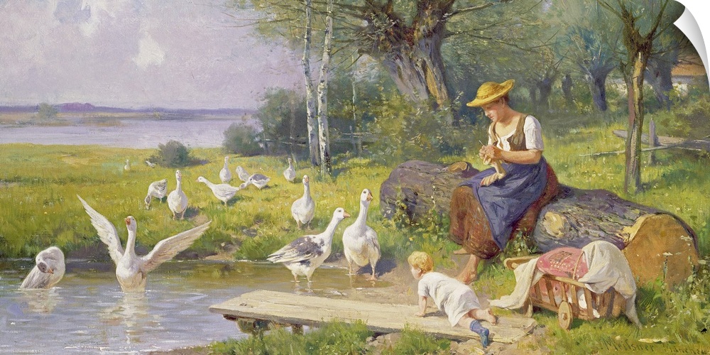 BAL56449 Mother and Child with Geese (oil on canvas)  by Meissner, Adolf Ernst (1837-1902/7); Josef Mensing Gallery, Hamm-...