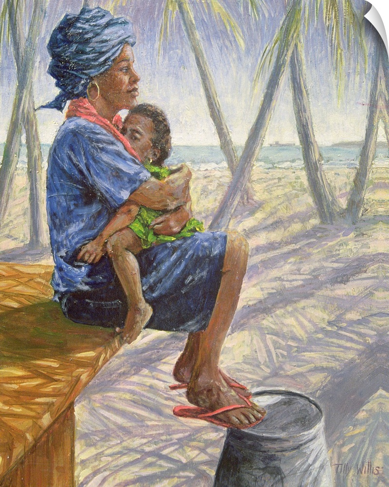 Contemporary African artwork of a mother hugging her small child on her lap, with palm trees and a sandy beach in the back...