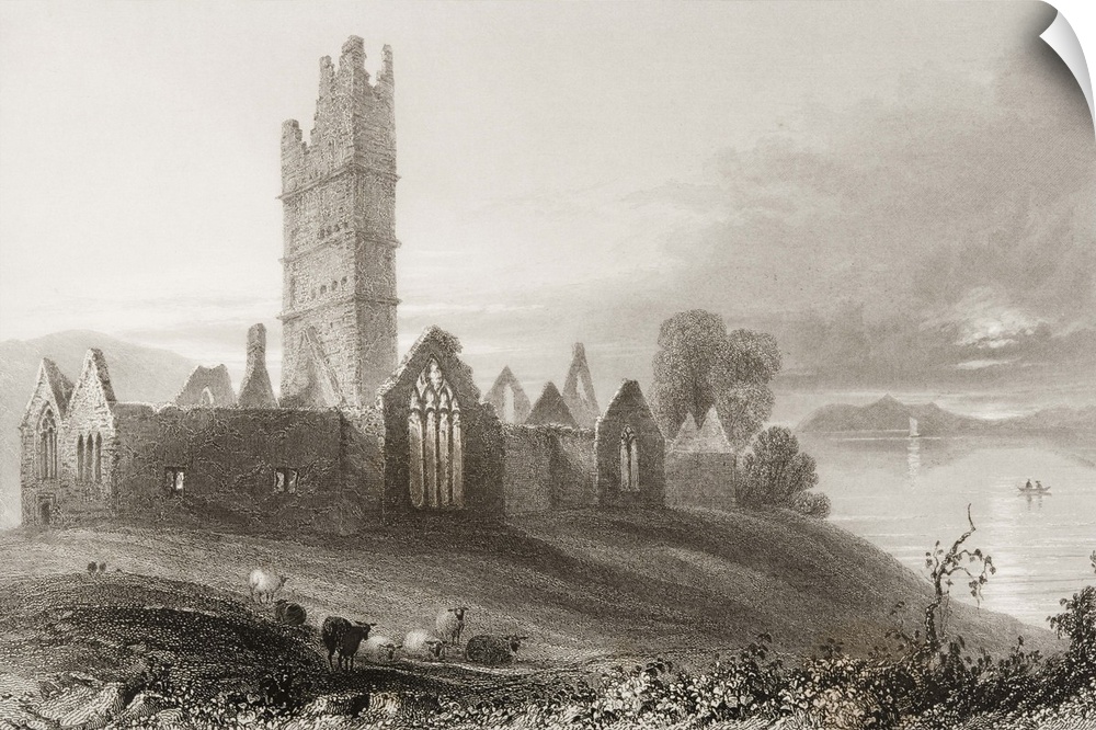 Moyne Abbey, County Mayo, Ireland, from 'Scenery and Antiquities of Ireland' by George Virtue, 1860s