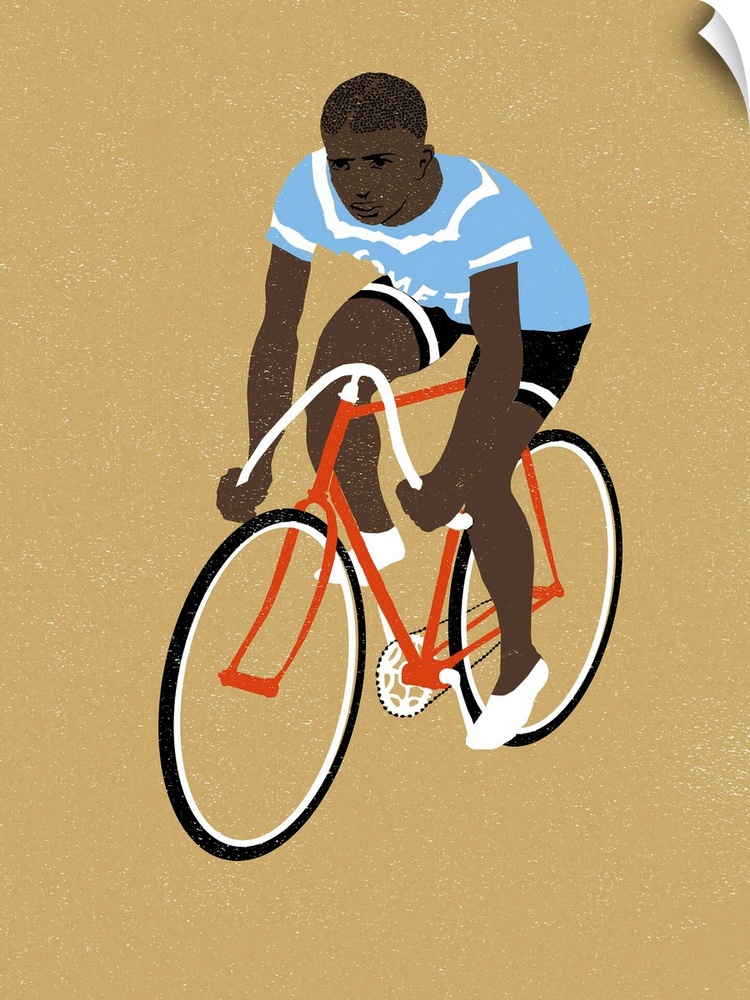 Contemporary illustration of a cyclist on a red bike against a light brown background.