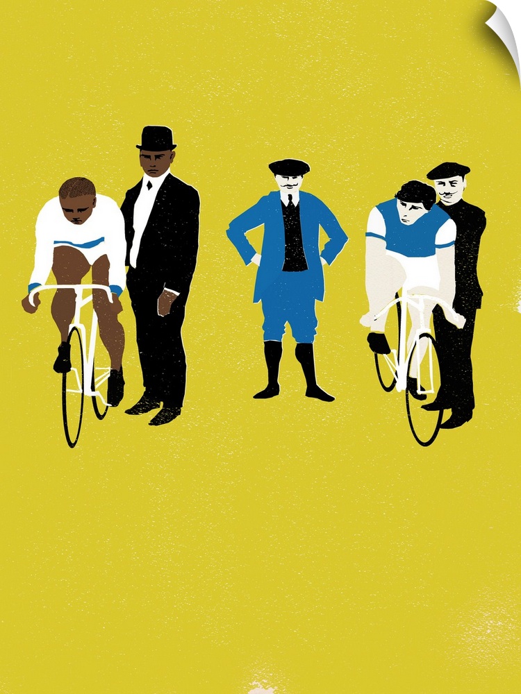 Contemporary illustration of two cyclists ready to start off against a yellow background.
