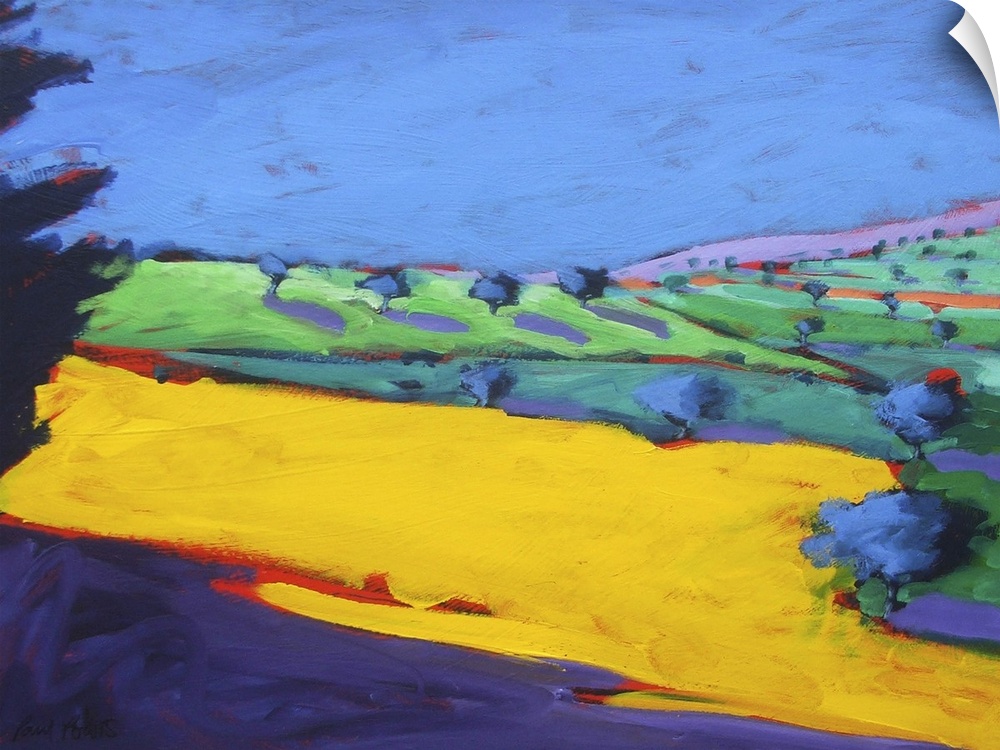 Vibrant colors are used to paint a field full of trees and different colored landscape in the foreground.