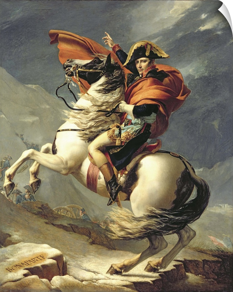 Painting of French military leader on horseback with his finger pointing upward, with the text "Bonaparte" written on a rock.