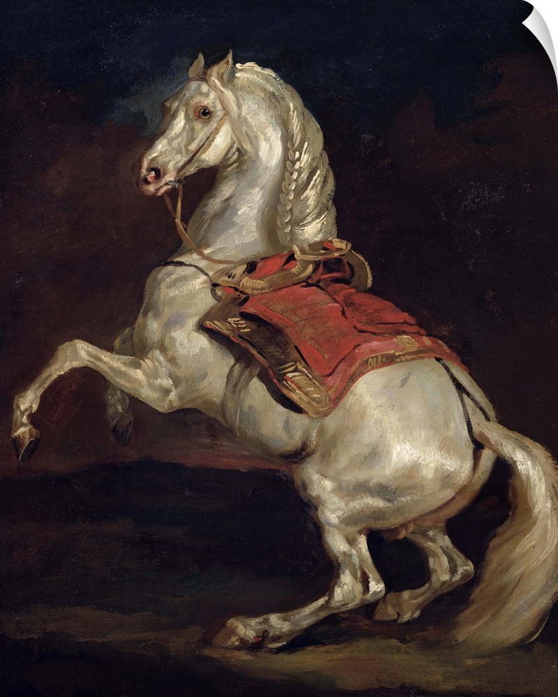 This classical and historical art work is a vertical French painting depicting a magnificent horse rearing on its hind legs.