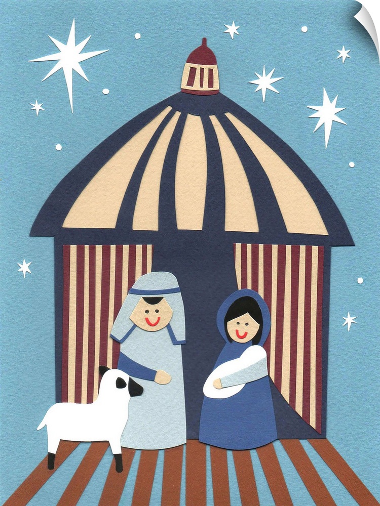 Children's art in a nativity scene.