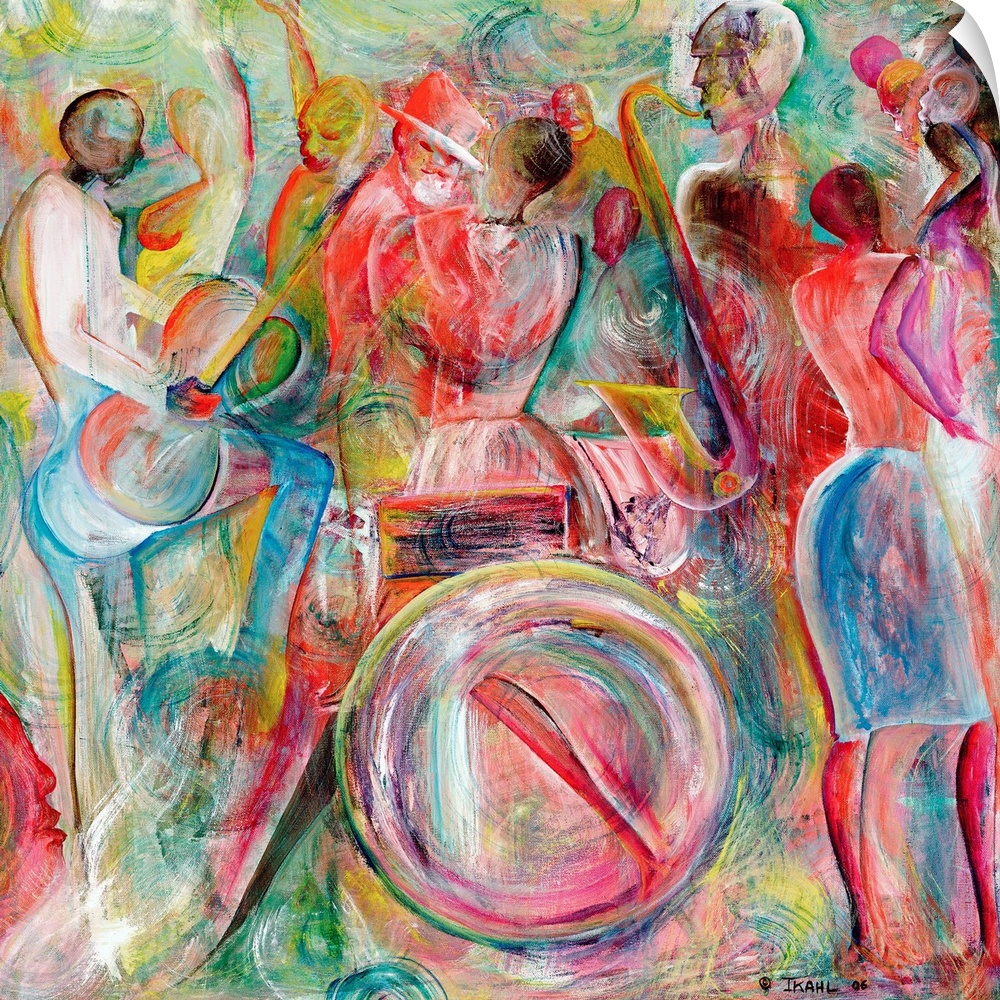This contemporary art is an abstracting painting of African-American musicians playing jazz instruments in a crowd.