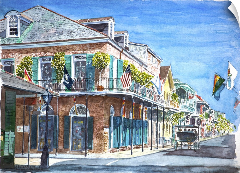 Contemporary watercolor painting of a street in New Orleans, Louisiana, on a clear day.