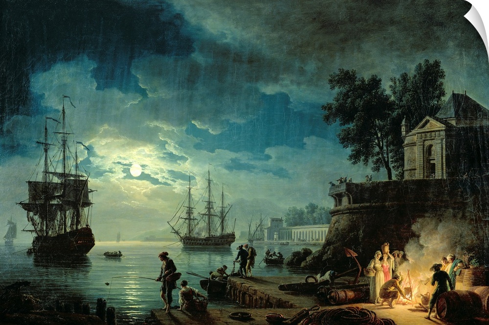 Oil painting of ships coming into a port at night with the ocean illuminated in moon light and people burning a fire on th...