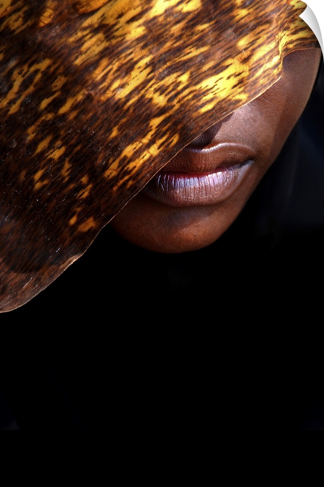 A contemporary fine art photograph of the lower part of a woman's face, the rest of which is hidden behind a textured gold...