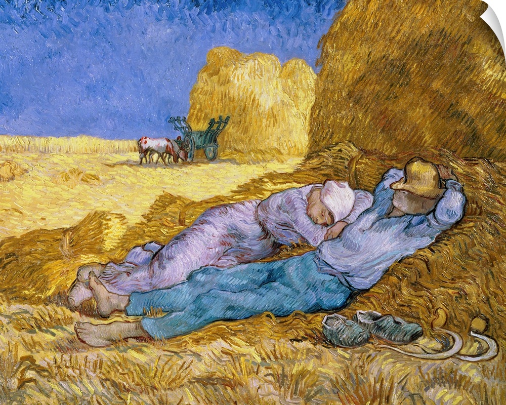 Painting by Vincent Van Gogh of workers taking a nap in hay.