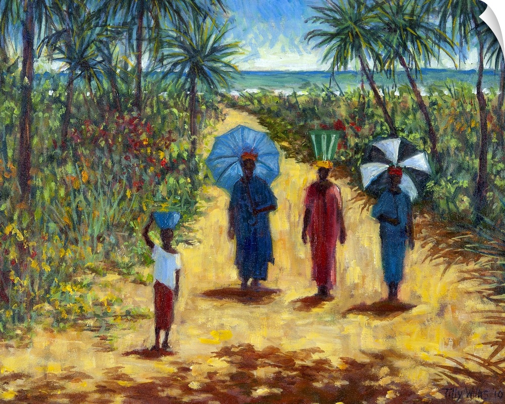 Large contemporary painting of four African figures walking on a sandy path in the tropics.
