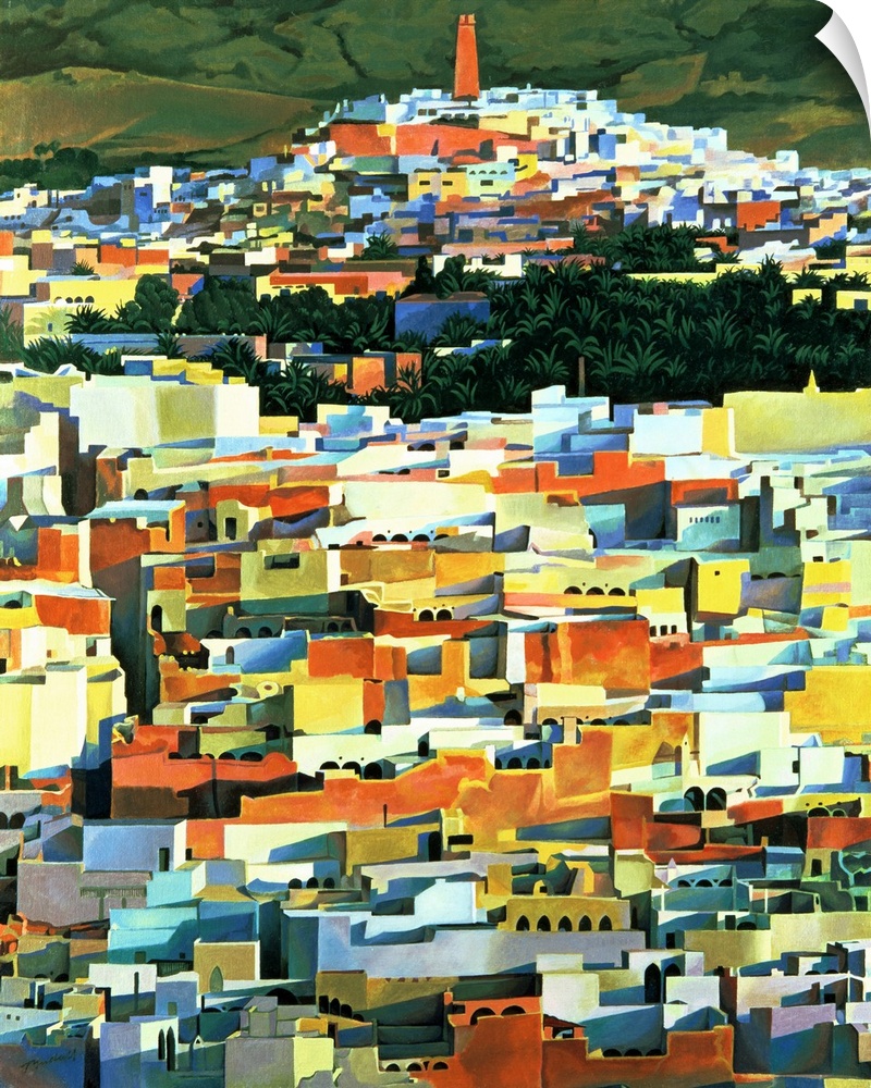 Portrait, oversized contemporary painting of many colorful buildings packed together in a North African Town,  green, open...
