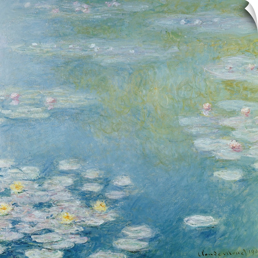 Oversized, square, classic wall painting in the Impressionist style, of a pond with swirling blue water, full of groupings...