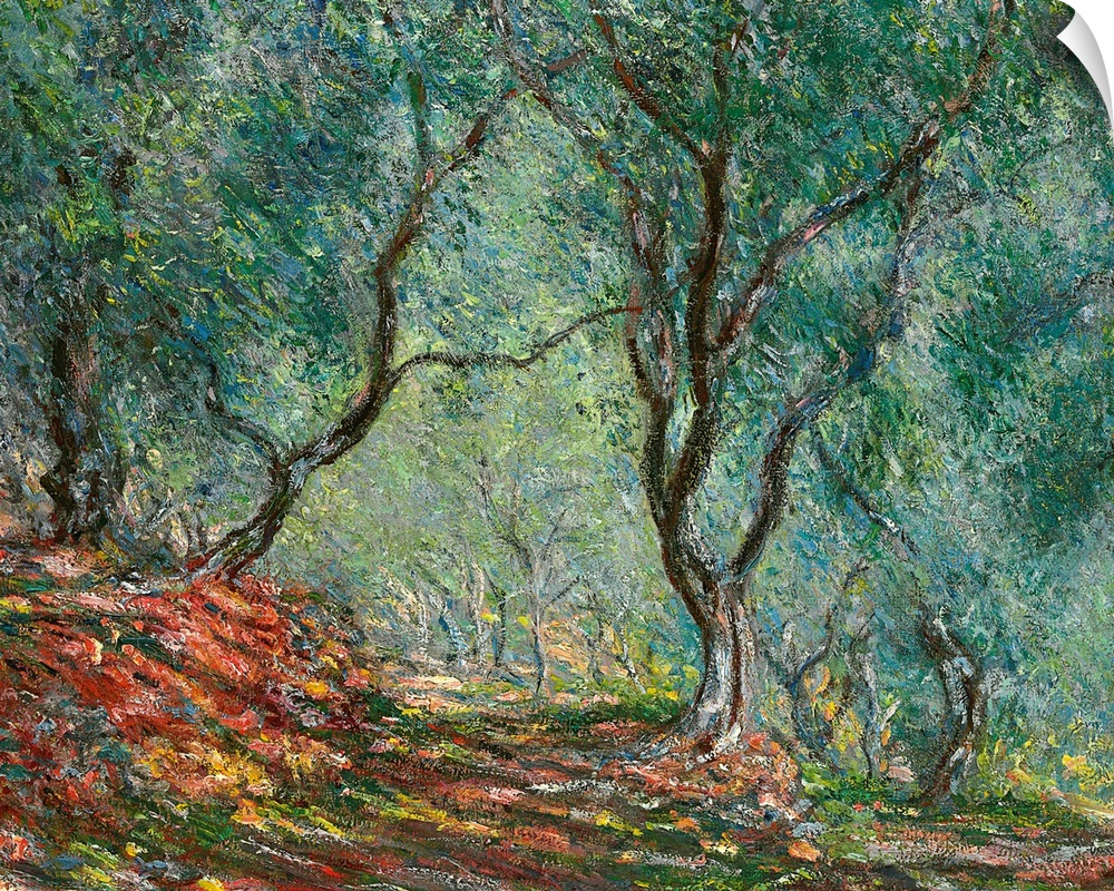 Giant classic art depicts a colorful path traveling down a forest littered with trees as far as the eye can see.