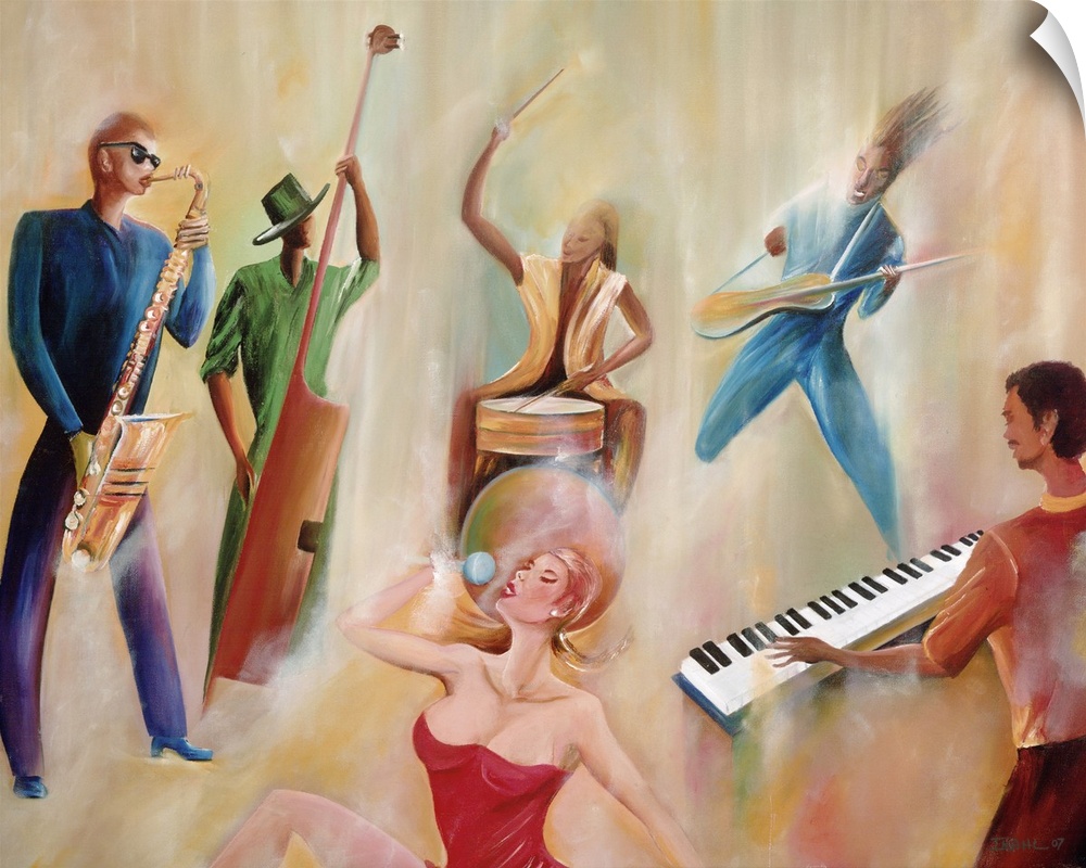 This large contemporary artwork consists of five band members playing numerous instruments and a woman singing in a red dr...