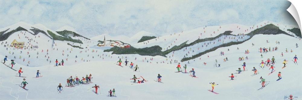 Contemporary painting of people enjoying  the snow in a hilly landscape.