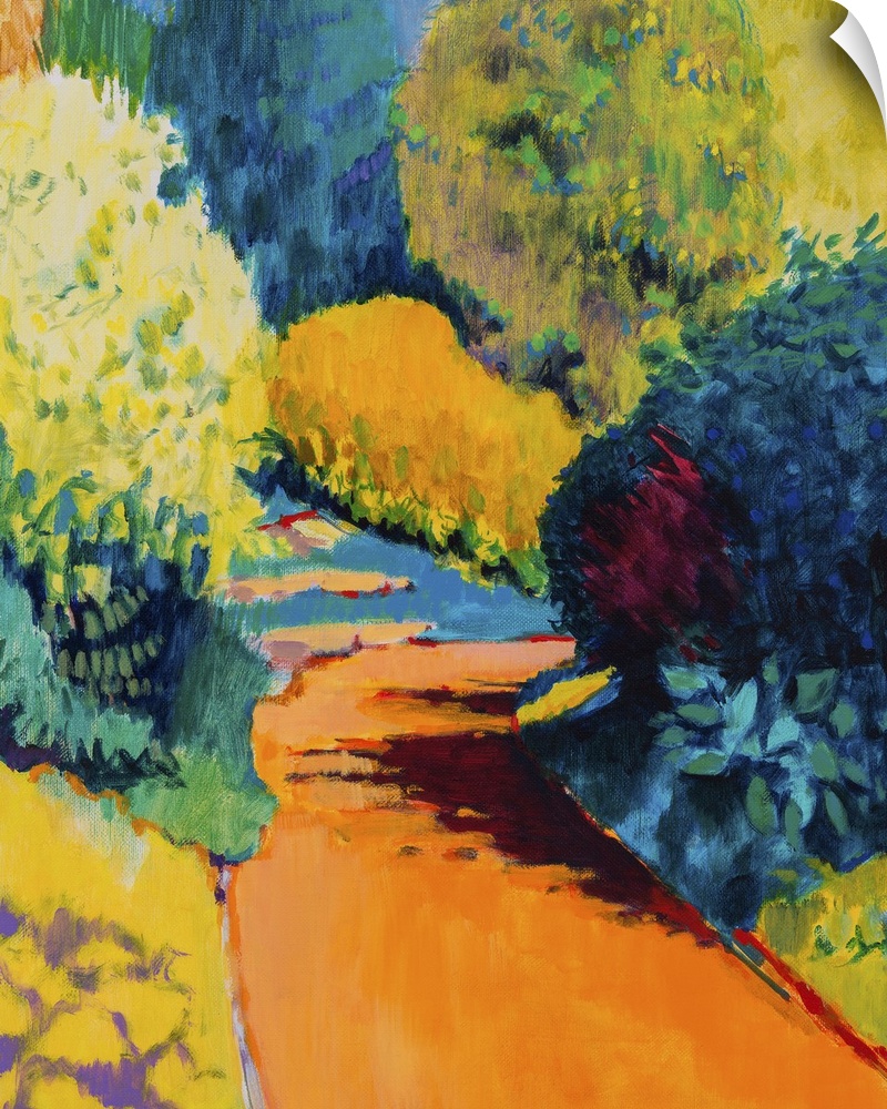 Contemporary painting of a path leading into a park filled with colorful shrubbery.