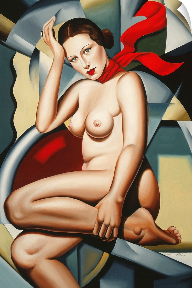 Contemporary painting of a nude woman with a brightly colored scarf.