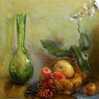 Orchid with Basket of Fruit and Green Vase