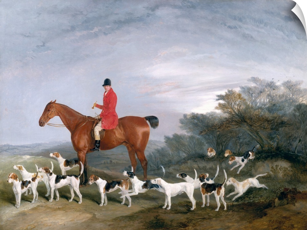 Oil painting of hunter on horseback surrounded by several hunting dogs.