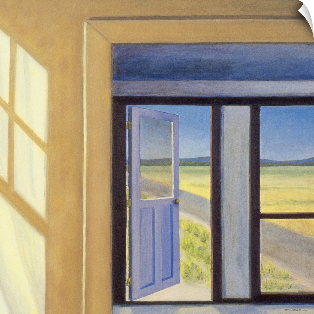 Contemporary painting of an open door leading out to a road.