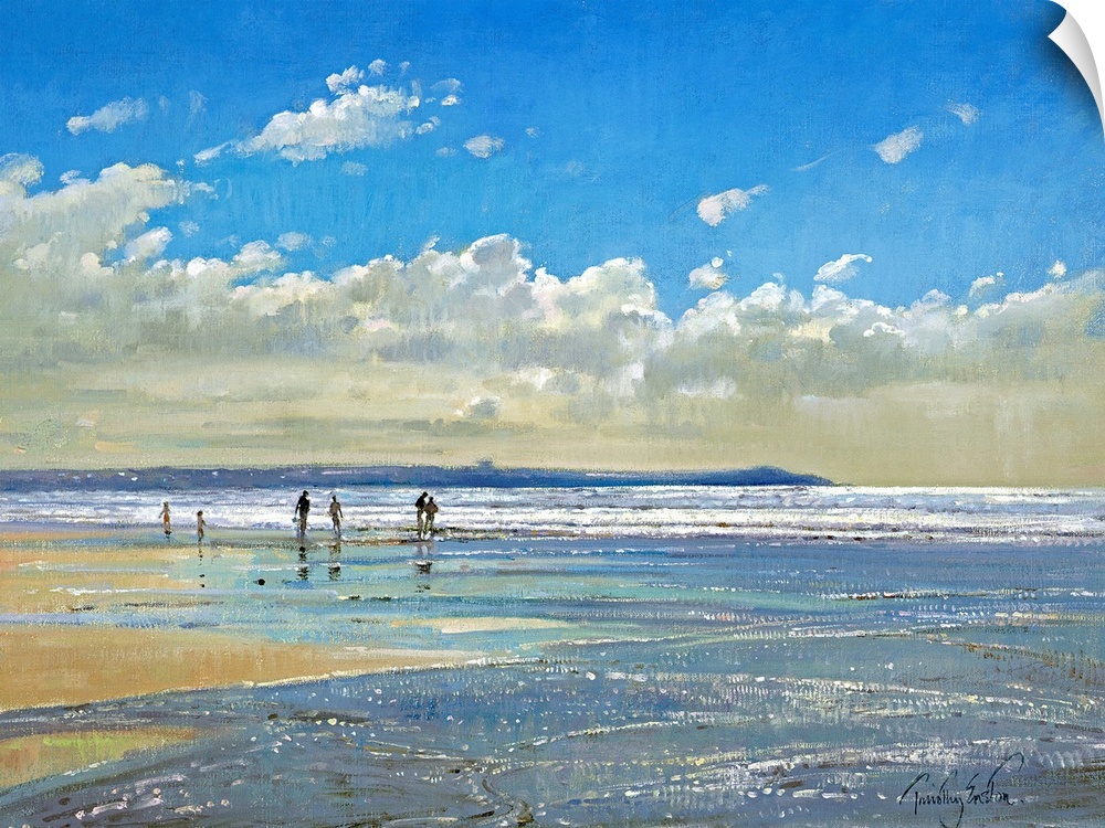Oversized, horizontal painting of a small group of people in the distance, walking the shoreline beneath a blue sky full o...