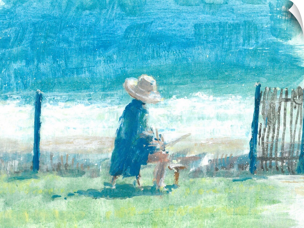 Contemporary painting of a person painting by the sea.