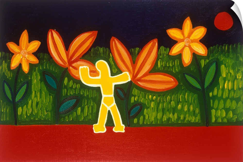 Contemporary painting of a person standing next to large flowers.