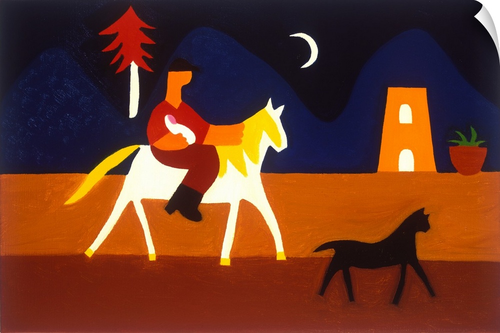 Contemporary painting of a man with a baby riding a horse at night.