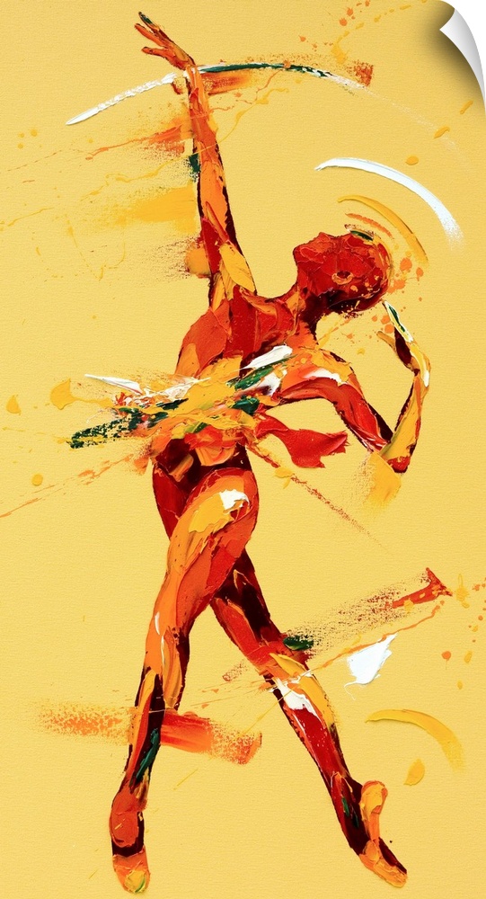 Contemporary painting using warm red and yellow tones to create a dancing figure.