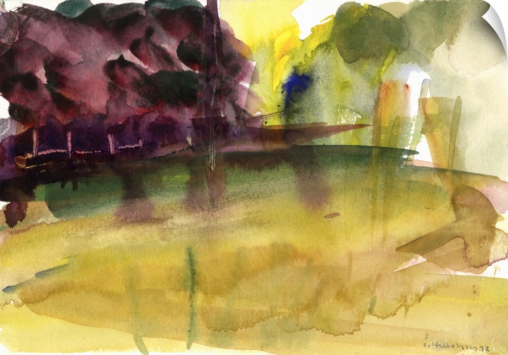 Contemporary watercolor painting of an open field in a park.