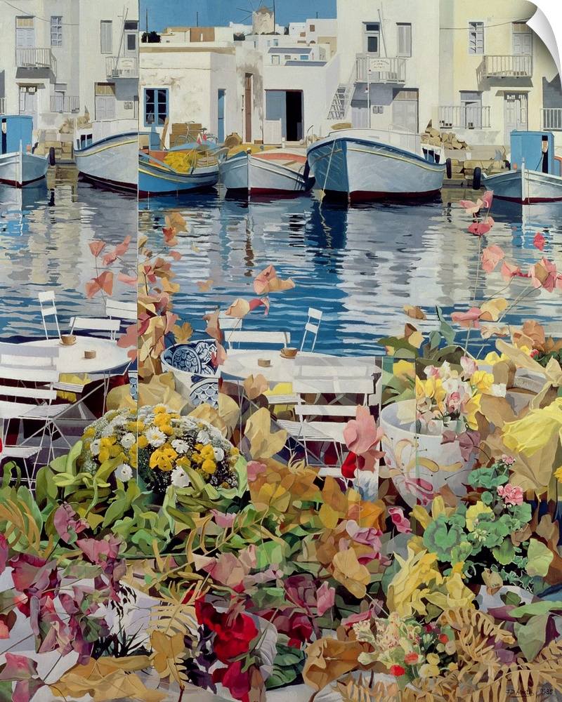 Contemporary painting of boats in a harbor in Greece.
