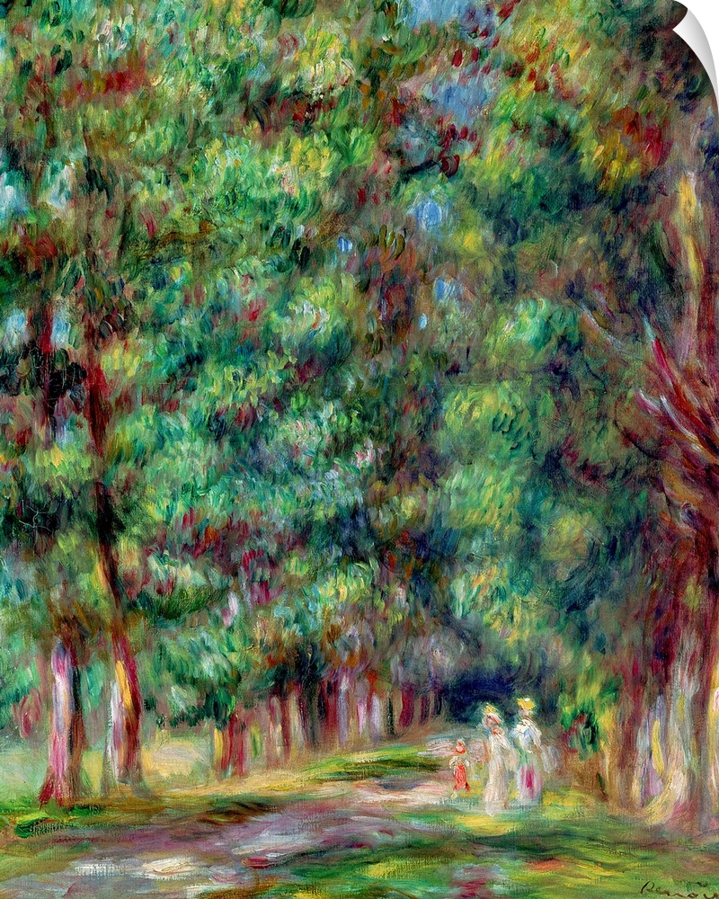 Oversized, vertical classic painting of tall trees on either side of a small path, where several people are walking.  Pain...