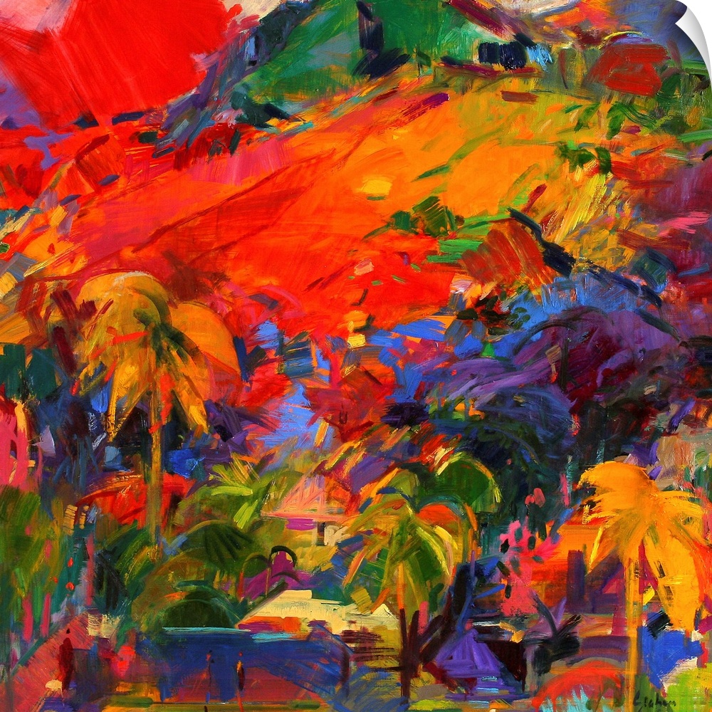 Big contemporary art incorporates a landscape filled with palm trees and tropical vegetation.  Artist uses a high volume o...