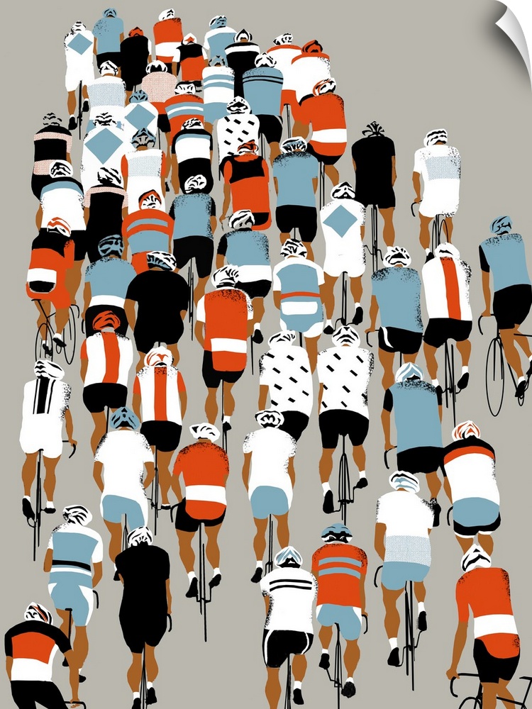 Contemporary painting of cyclists riding together in a large group.