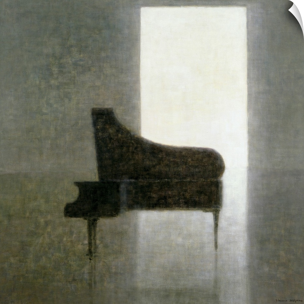 Artwork of a piano in the middle of an empty room. Texture of piece appears botchy.