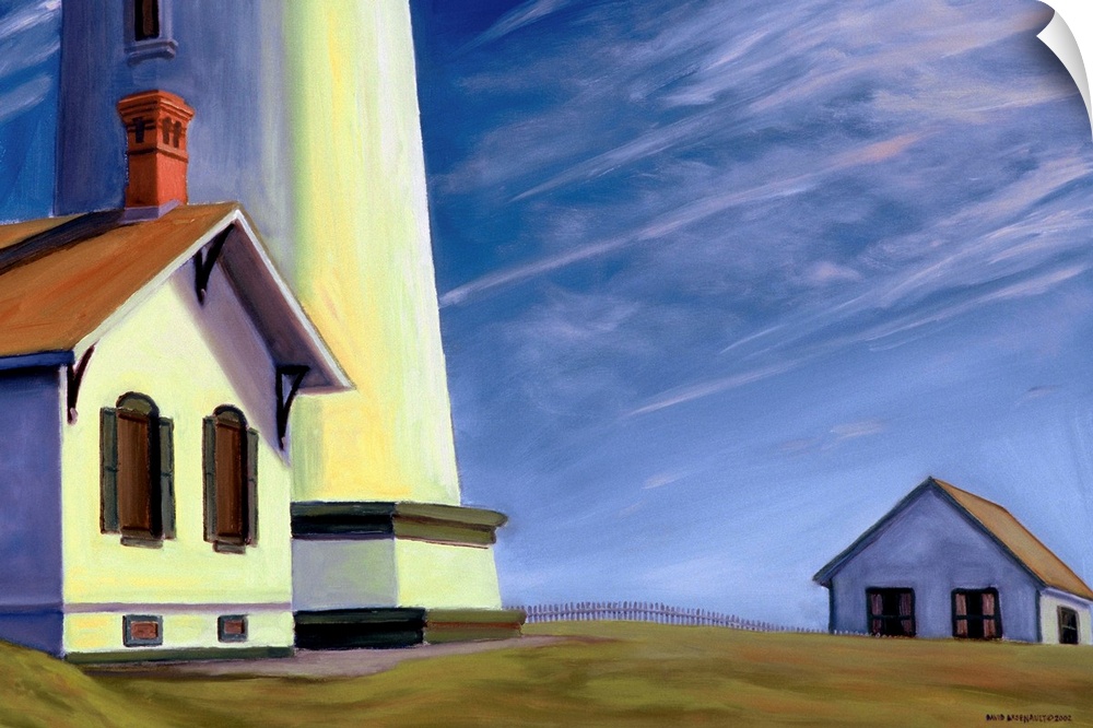 Contemporary artwork of a small house next to a lighthouse on the coast of Washington.